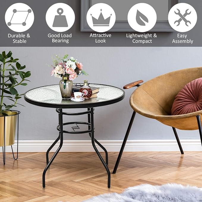 KOTEK 32'' Patio Table with Umbrella Hole, Outdoor Bistro Table w/Tempered Glass Top & Sturdy Metal Frame, Round Patio Dining Table Coffee Table for Garden, Balcony, Poolside