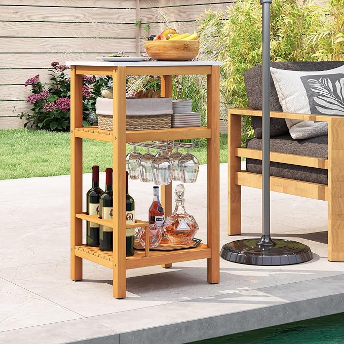 Goplus Outdoor Side Table, 3-Tier Acacia Wood Bar Table w/Marble-Like Countertop, 2 Slatted Shelves, Glass & Wine Holders, Small Buffet Sideboard & Corner End Table for Patio, Deck or Indoor