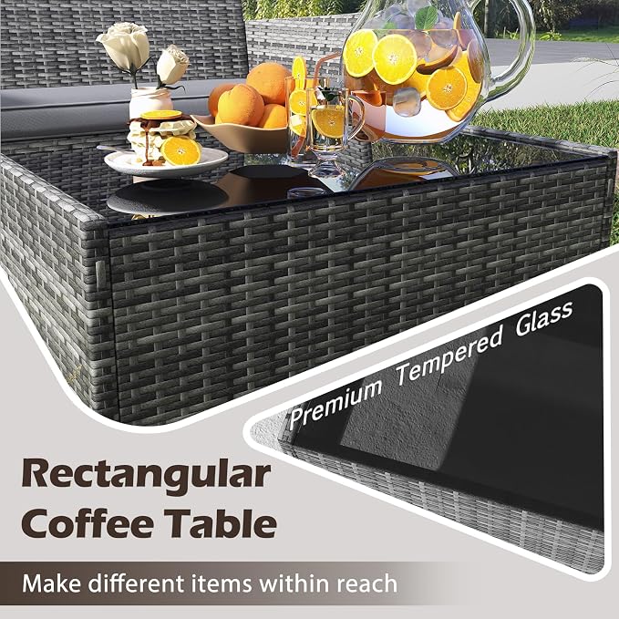Tangkula 4 Piece Patio Rattan Conversation Set, Outdoor Wicker Furniture Set with Chair, Loveseat & Tempered Glass Table, Cozy Seat Cushions, Outside Sectional Sofa Set for Backyard, Porch