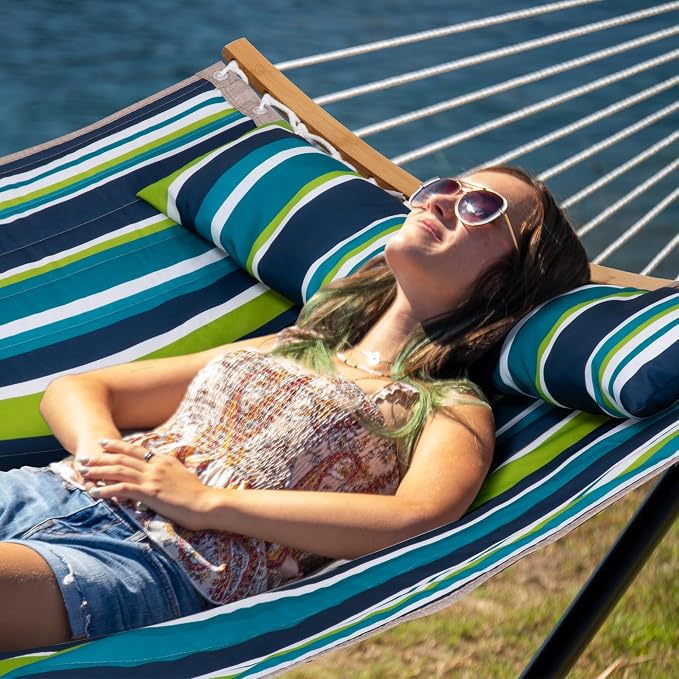 Hammock with Stand for Outside, Double Hammock with Stand, Pillow and Portable Bag, 450 Lbs Capacity, Green Blue Stripes
