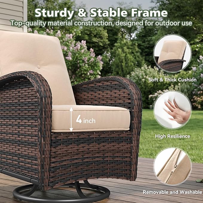 Aoxun 13 Piece Outdoor Patio Furniture Set with 44'' Fire Pit Table, Wicker Rattan Outdoor Furniture with High Back Swivel Rocker Chairs, Outdoor Conversation Set with Thick Cushion & Ottoman, Beige