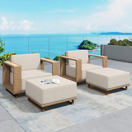 SUNSHINE VALLEY 4 Pieces Patio Furniture Set,Outdoor Rattan Wicker Chairs and Ottomans with 10''Ultra-Thick Cushions, Low Profile Patio Conversation Set for Lawn Garden Backyard,Beige
