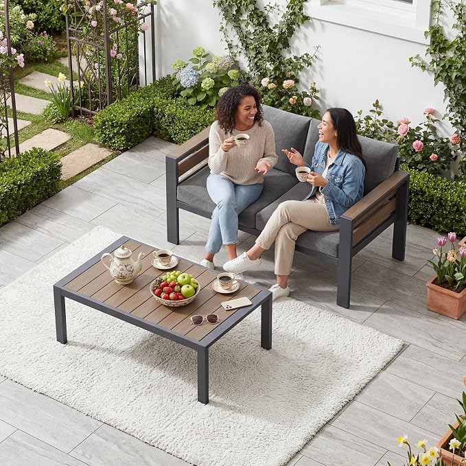 SUNYRISY Aluminum Outdoor Patio Furniture Set with Coffee Table, 2 Piece Metal Outdoor Conversation Sets with Thick Olefin Cushions, Sofa Couch Set for Porch, Deck, Backyard, Lawn, Pool