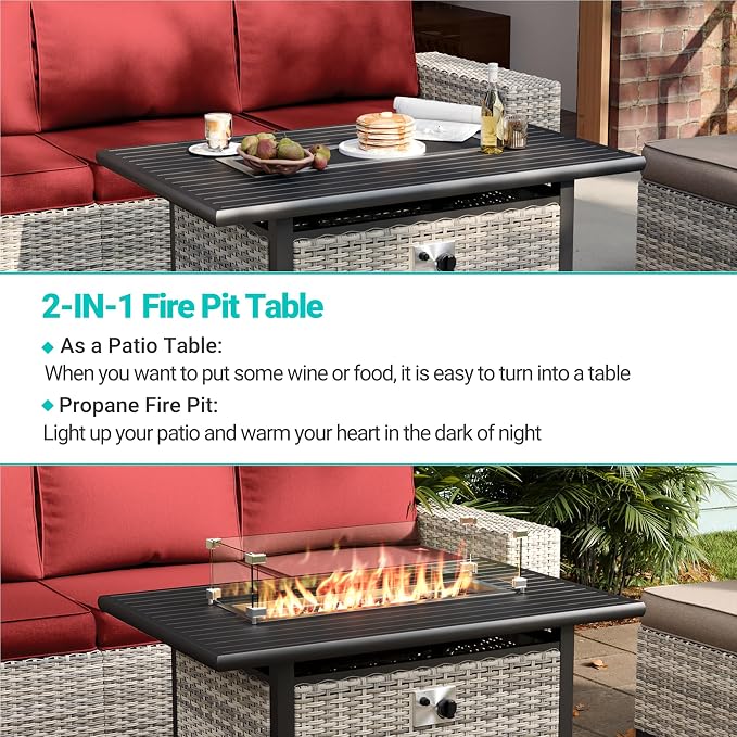 13Pcs Patio Rocking Swivel Chair with 55,000 BTU Fire Pit Table Outdoor Wicker Rattan Bistro Set with Tempered Glass Side Table, Patio Furniture Set for Garden and Balcony, Red