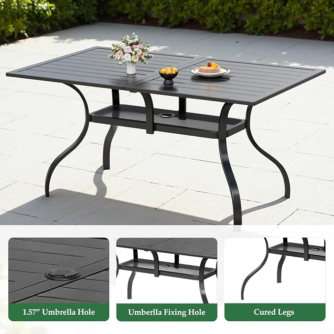 Crownland 7 Piece Outdoor Patio Metal Dining Sets, 6 Stackable Metal Chairs and Rectangular Outdoor Dining Table with 1.57" Umbrella Hole, for Backyard, Lawn, Garden (Classic Black)