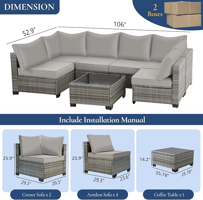 FHFO 7 Piece Outdoor Wicker Patio Furniture Set, Grey-Light Grey | Sectional Sofa | All-Weather Hand-Woven Rattan | Tempered Glass Coffee Table | Free Combination | Indoor & Outdoor Use