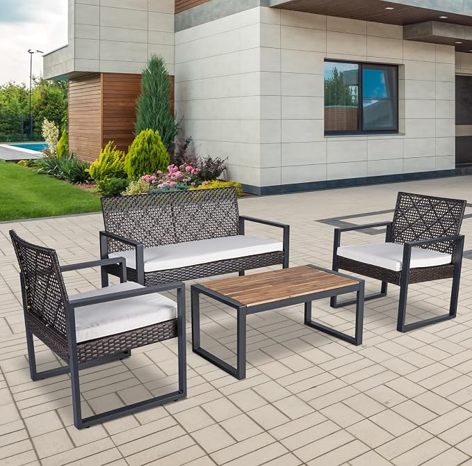 GDFStudio 4-Piece Patio Furniture Set with Acacia Wood Tabletop, PE Rattan Conversation Sofa Set, Steel Frame Outdoor Seating for Balcony Porch Garden Backyard Lawn, Beige Cushions Brown Wicker