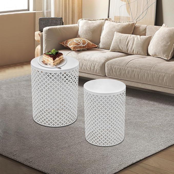 Side Table Set of 2, Iron Side Table 14.6x19.3In & 12.6x16.5In, Metal Accent Table with Openwork Flower Pattern, Cylindrical Freestanding Outdoor End Table for Patio Garden Living Room (White)
