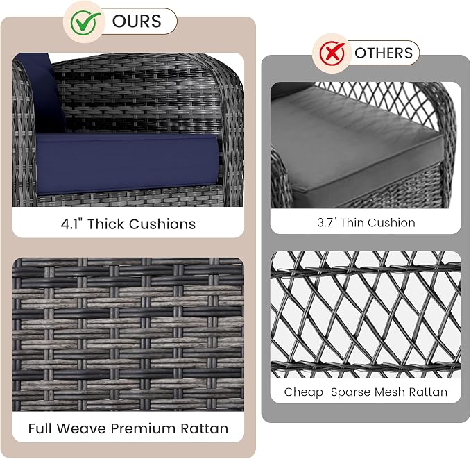 Kromax Outdoor Patio Furniture Set, All-Weather Wicker Swivel Glider Chairs Set of 2 with Coffee Table Table & Thick Machine Washable Cushions for Backyard, Garden, Porch, Grey/Blue