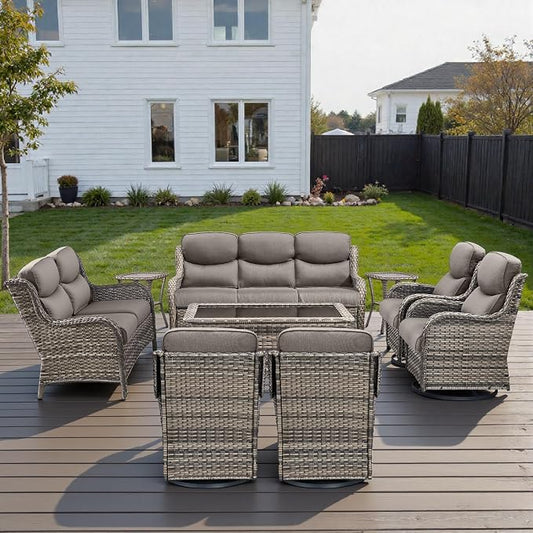 Outdoor Swivel Rocker Patio Chairs Set of 9 with 5" Thick Cushions,9 Piece Furniture Set with Fire Pit Table All Weather Wicker Conversation Set for Porch Deck - Grey Wicker | Grey Cushions