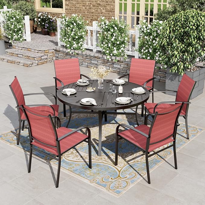 7 Piece Patio Dining Set, Outdoor Dining Furniture Set with 6 Textilene Dining Chairs, Round Metal Table with Umbrella Hole, All Weather Patio Table and Chairs for Pool Lawn Garden Porch, Red