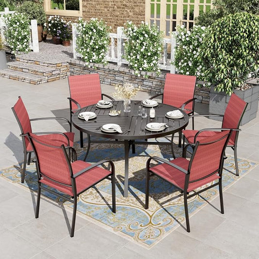 7 Piece Patio Dining Set, Outdoor Dining Furniture Set with 6 Textilene Dining Chairs, Round Metal Table with Umbrella Hole, All Weather Patio Table and Chairs for Pool Lawn Garden Porch, Red