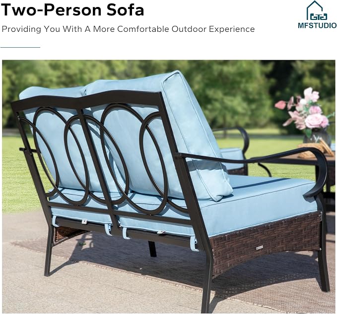 MFSTUDIO 5 PCS Outdoor Patio Furniture Set, Metal Outdoor Conversation Set, Rattan Wicker Patio Sectional Sofa Set with 2 x Fixed Single Sofa, 2-Seat and 3-Seat Sofa, 1 x Coffee Table, Blue