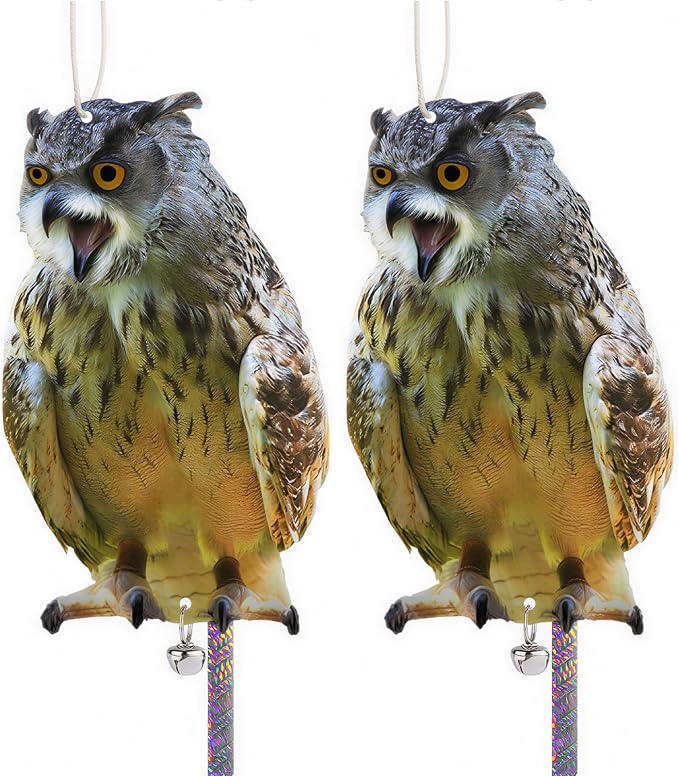 Owl to Keep Pigeons Away, 2Pcs Flat Plastic Owl to Scare Woodpecker from House, Fake Owls to Scare Pigeon Squirrels, Hanging Garden Owls with Reflective Tape for Porch Patio Window Yard Balcony Roof