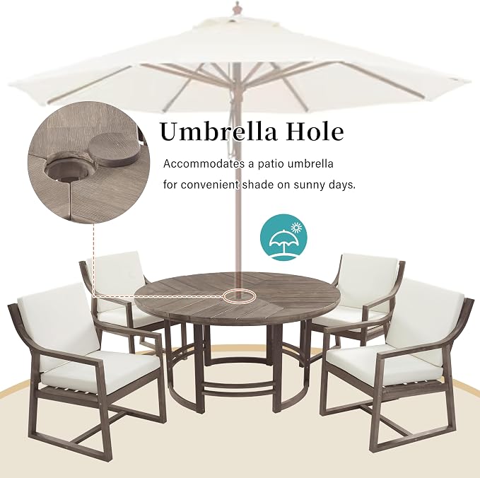 WILLIAMSPACE 5-Piece Acacia Wood Round Outdoor Patio Dining Set with 4 Chair, Brown