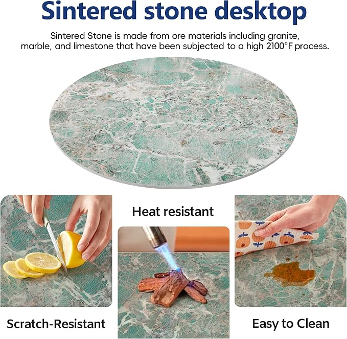 ZL ZELing Round Sintered Stone Table Top 35",Replacement Table Top for Indoor & Outdoor - Heat/Scratch Resistant Waterproof Ceramic DIY Desktop, Patio/Balcony/Bistro/Café & Dining Room (Green)