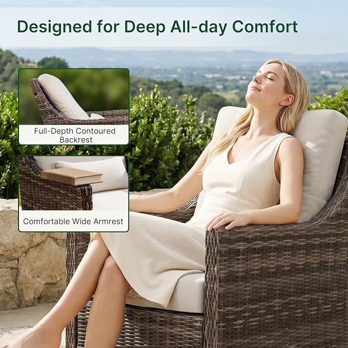 Outdoor Swivel Rocker Patio Chair with Premium Cushion, High Back Wicker Patio Swing Glider for Deck, Porch, Patio and Poolside (Beige, 2 Pcs - Swivel Glider)