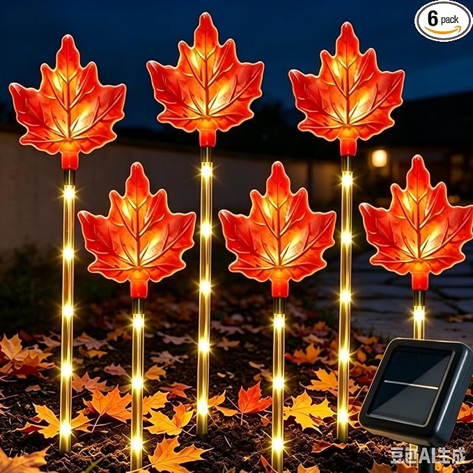 Solar Maple Leaf Lights - 6 Pack Outdoor Solar Path Lights with 8 Lighting Modes, Waterproof Garden Stake Lights for Fall, Thanksgiving, Autumn Decor, Housewarming Gifts & Outdoor Decor