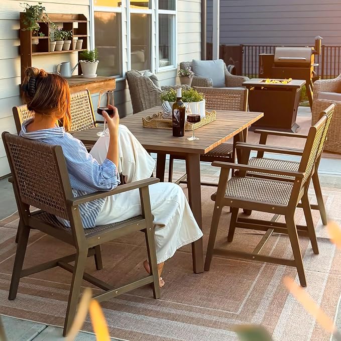 PHI VILLA Patio Dining Set,Acacia Wood Table and Rattan Chairs | PE Rattan chairs, Bright Brown, for Patio, Deck, Yard, Porch
