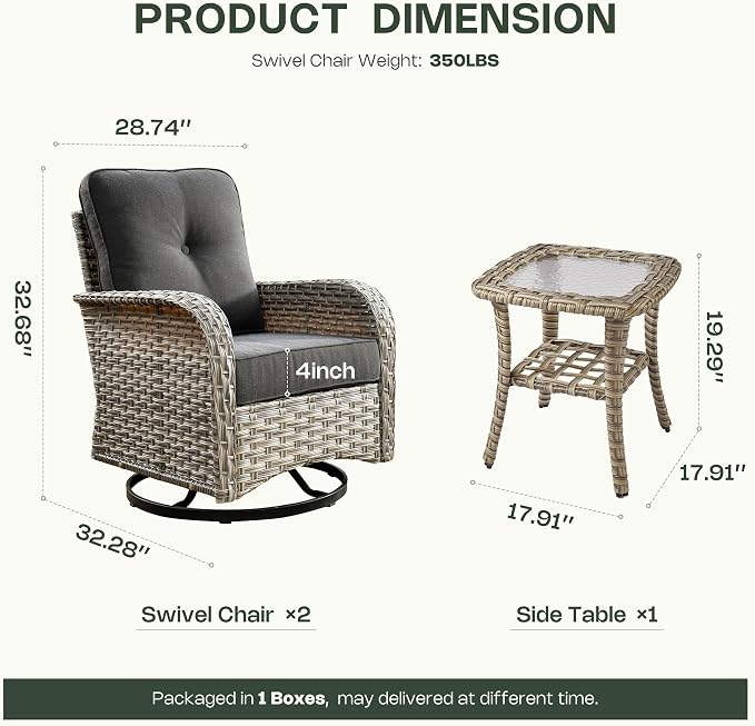 Outdoor Swivel Rocking Chair Set of 2 with Coffee Table, Wicker Patio Glider Chairs with 4 Inch Thick Cushions, 350lbs Capacity High Back Rattan Furniture Set for Sunroom and Small Spaces, Black