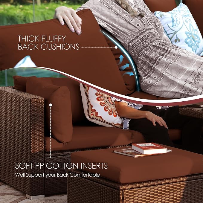 NICESOUL 11 Piece Outdoor Furniture Set with Firepit, Luxury 10-Person Patio Sectional Sets, 29.3'' High-Back Backyard Seating, All-Weather Rattan Couch Sofa for Outside, Deck, Brown & Red