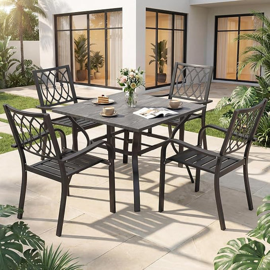 5-Piece Outdoor Patio Dining Set 37.8" Square Wood-Grain Metal Table with Umbrella Hole 4 Metal Chairs 350 lbs Capacity Ergonomic Slat Design Quick Assembly for Garden Black