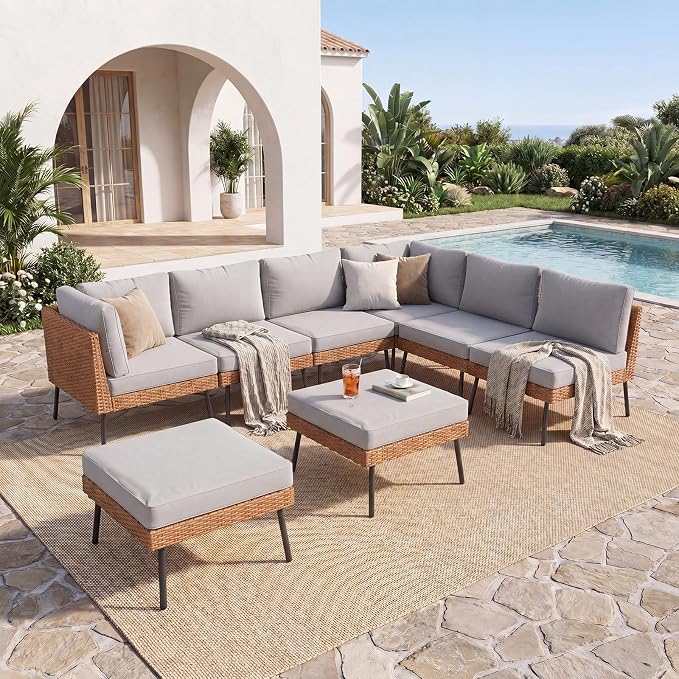 Aoxun 8-Piece Patio Furniture Set, Wicker Outdoor Furniture with Water Resistant Thick Cushions, Patio Conversation Set Outdoor Sectional Sofa with Coffee Table for Backyard Poolside, Light Grey