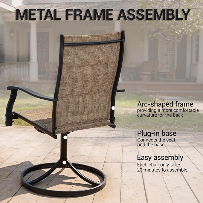 Patio Swivel Rocker Chairs Set of 4,Outdoor Dining Chairs High Back,15° Gentle Rocking Patio Chair with Padded Textilene, Metal Frame for Poolside Lawn Garden,Brown(4 PCS)