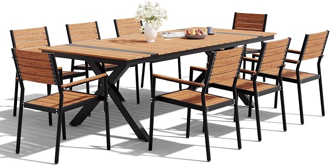 Pellebant 9 Piece Patio Table and Chairs Set, Aluminum Outdoor Dining Set with Umbrella Hole, 94" Dining Table & Stackable Chairs, Weather Resistant Teak Wood Grain Finish for Deck, Porch, Backyard