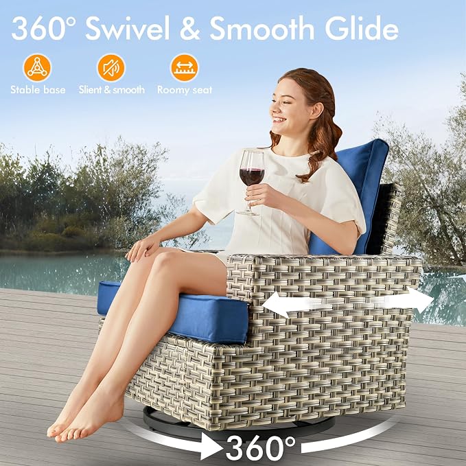 Patio Outdoor Furniture Set - All Weather Wicker Modular Sectional Sofa Couch,Patio Seating Outdoor Conversation Sets for Deck Yard Garden (Navy Blue, 8 Pcs w/Swivel Glider)