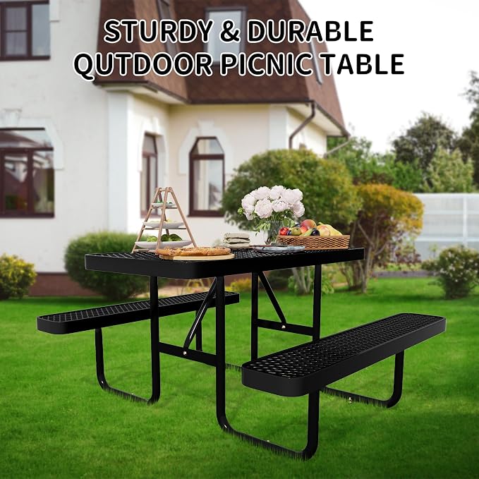 Picnic Tables for Outdoors,Commercial Metal Picnic Table Bench Set with Umbrella Hole,School Canteen Tables W/Seats - Heavy Duty Sturdy Picnic Tables Furniture for Patio Garden (Black, 4FT)