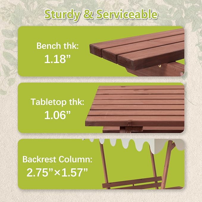Hohuqeri Wood Outdoor Picnic Table Set, Wooden Outside Dining Table Set with Built-in Benches for 4-6 People, Patio Table and Bench Set with Detachable Sunshade Canopy for Backyard Garden Porch Deck