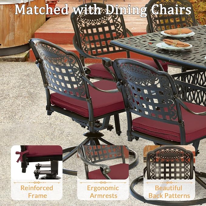 9 Piece Outdoor Patio Dining Set for 8, Cast Aluminium Large Square Dining Table & 2 Swivel Rocker Chairs, 6 Stationary, 8 Cushions, Umbrella Hole, Patio Furniture Set for Garden, Chili Red
