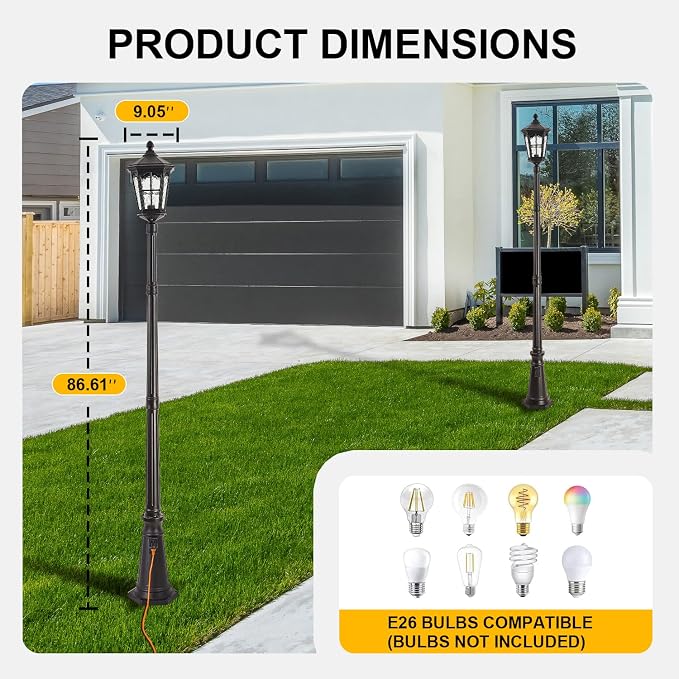Dusk to Dawn Outdoor Post Lights with Outlet, Waterproof Outside Pole Light with Water Ripple Glass, Exterior Vintage Black Street Lamp Fixtures for Garden, Pathway, Yard