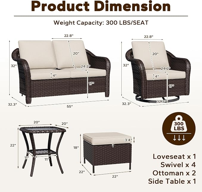 8 Piece Patio Wicker Conversation Set, All-Weather Use Outdoor Wicker Loveseat with 2 PE Rattan Ottomans,4 Swivel Chair, 1 Side Table, Ideal for Porch, Backyard, Balcony, Poolside, Beige