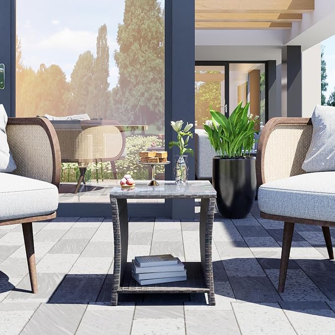 Rattan Side Table,Outdoor Patio Wicker Table,Modern Patio End Side Table with Glass Countertop and Storage Space,for Garden Balcony Porch (Brown3)