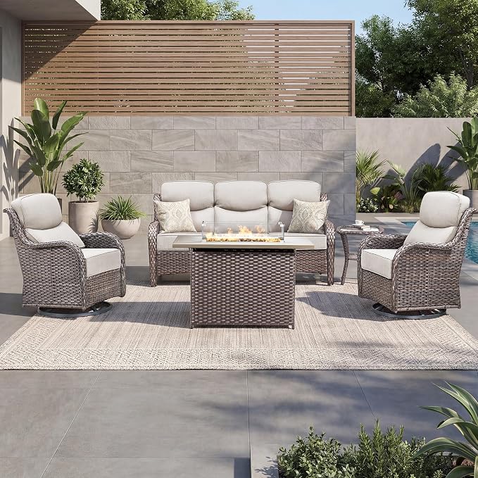 Luxury Patio Furniture Set with 6-inch Thick Cushion, Outdoor Furniture with Fire Pit Table, Swivel Chairs, Side Table, Sofa, 5pcs Wicker Conversation Set for Deck Yard(Brown Wicker/Beige Cushion)