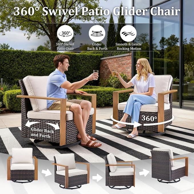 Patio Furniture Set with Fire Pit Table, 8-Piece Outdoor Wicker Sofa and 4 Swivel Chairs, All-Weather Conversation Set for Backyard, Deck and Poolside Beige