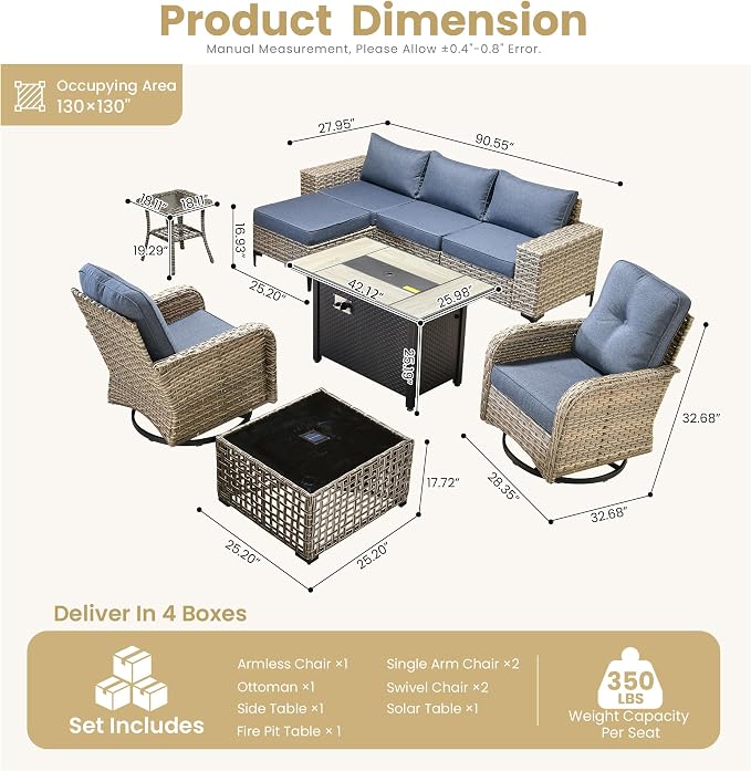 HOOOWOOO 8 Pieces Patio Furniture Set,L Shaped Outdoor Sectional Couch with Fire Pit Table, PE Wicker All Weather Outside Conversation Set with Sofa Swivel Chiars Solar Table Ottoman,Denim Blue