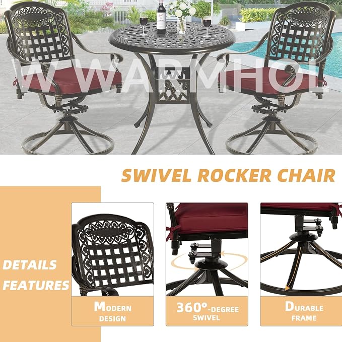 3-Piece Outdoor Patio Dining Set, All-Weather Cast Aluminum Patio Furniture Set for Backyard Garden Deck with 2 Swivel Cushioned Chairs and 31” Round Table, 2" Umbrella Hole, Chili Red