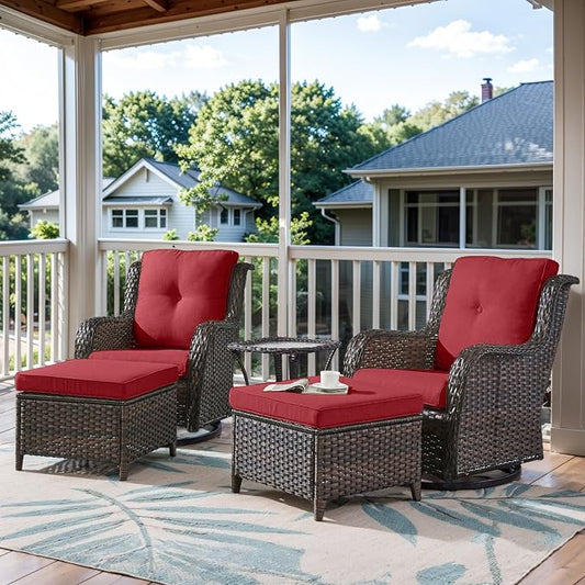Belord 5 Piece Wicker Patio Furniture Set, Outdoor Swivel Rocker Chairs Set of 2 with Ottomans and Side Table, All Weather Patio Conversation Furniture Set, for Porch Pool, Brown Wicker/Red