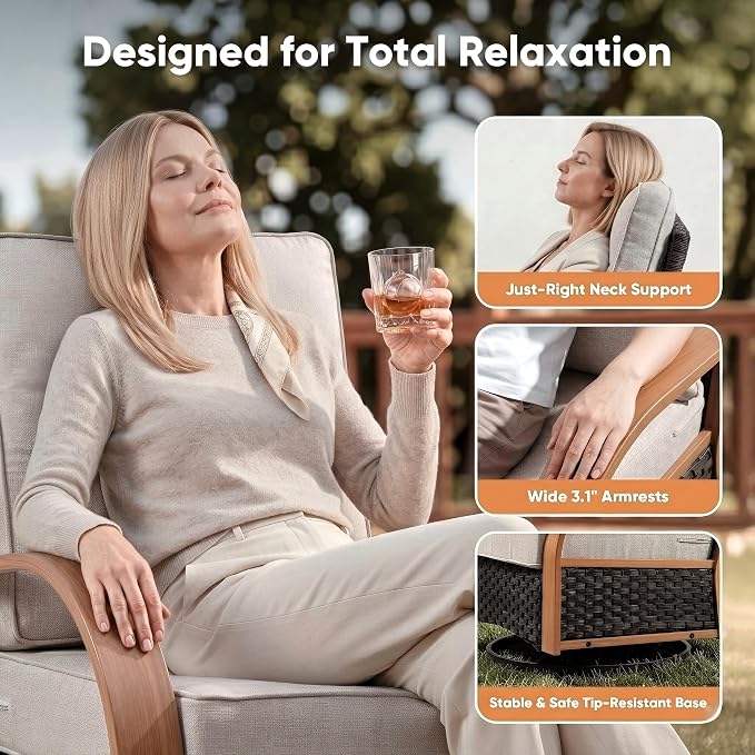 Belord 5 Piece Outdoor Patio Furniture Set with 6-Inch Thick Cushions, Outdoor Swivel Rocker Chairs with Patio Couch and Ottomans, 3 Seater Wicker Sofa for Deck Proch Balcony Yard, Wood & Beige