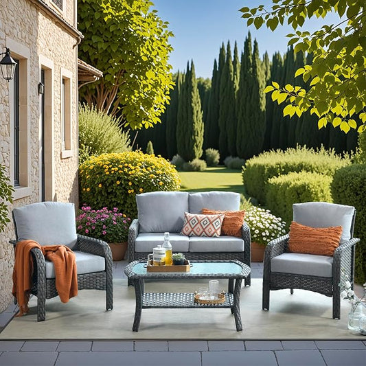 4 Pieces Wicker Patio Furniture - All-Weather PE Wicker Outdoor Conversation Bistro Set Loveseat Chairs with Table,Outdoor Rattan Sofa Chairs High Back Deep Seating,Light Grey