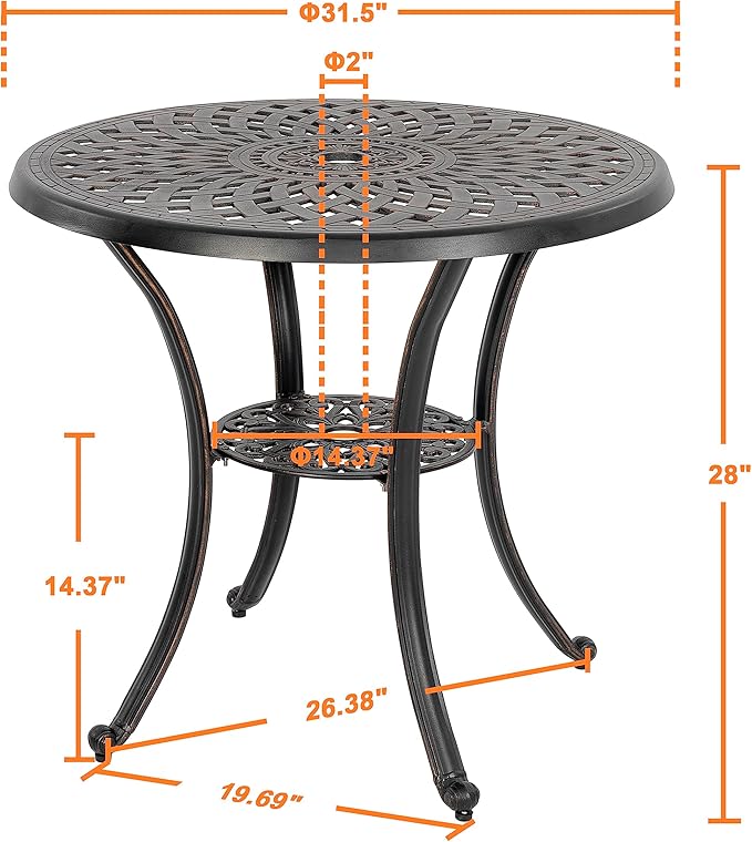 NUU GARDEN 31" Round Patio Bistro Table, Cast Aluminum Round Outdoor Bistro Table with Umbrella Hole for Poolside, Deck, Porch, Backyard, Balcony, Black with Gold-Painted Edge