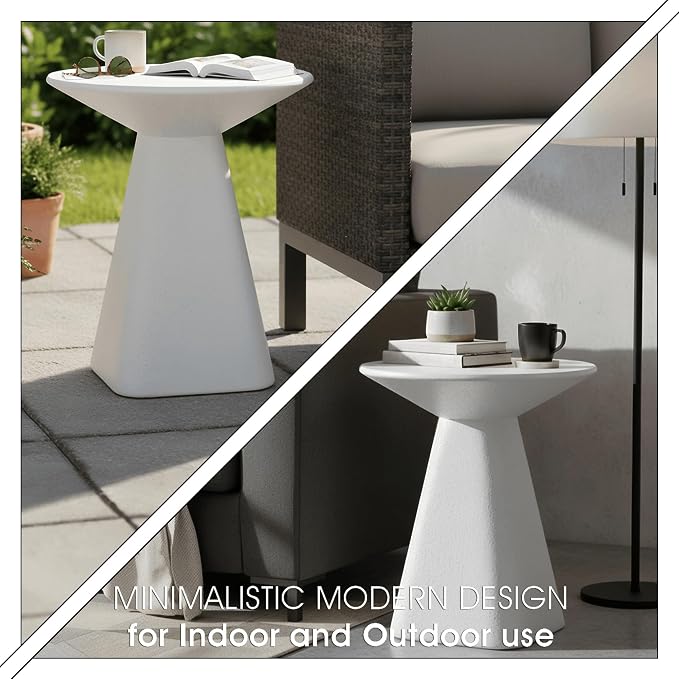 LeisureMod Elsie 18" Wide Circular Fiberstone Side Table for Indoor/Outdoor Use, Powder-Coated Finish, No Assembly Required for Living Rooms, Patios, or Bedrooms (White)