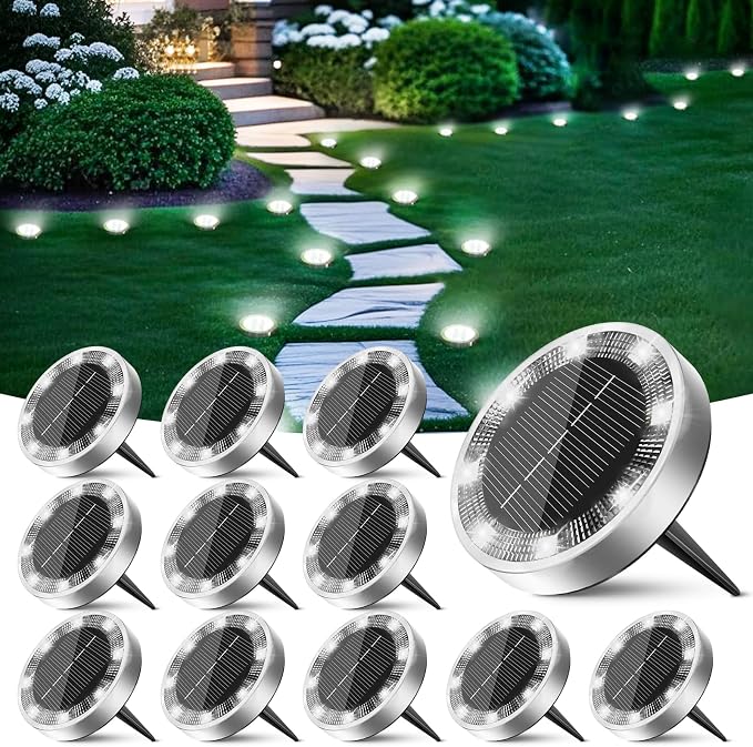Solar Lights Outdoor Waterproof, 12 Pack Solar Lights for Outside, Anti-Rust, Solar Garden Lights Landscape Lighting for Pathway Yard Lawn Walkway Driveway, Cool White