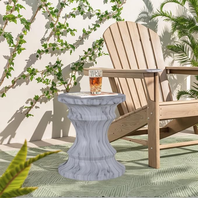 Stone Side Table,Round Faux Marble Side Table,Modern Small Stone End Table for Balcony (White-15.35"-5)