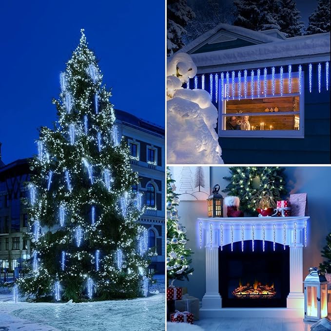 Brightown Christmas Meteor Shower Icicle Lights Outdoor, 2 Pack Total 40ft with 40 Large Tube 960 LED Dropping Effect, Waterproof Decorations for House Eave Roofline, Blue