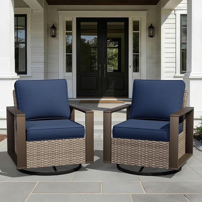 Joyside Outdoor Patio Swivel Rocker Chairs Set, 2 Pieces Wicker Rattan Chairs with Metal Wide Armrest, Thick Cushions and Deep Seating for Garden, Backyard, Porch, Deck