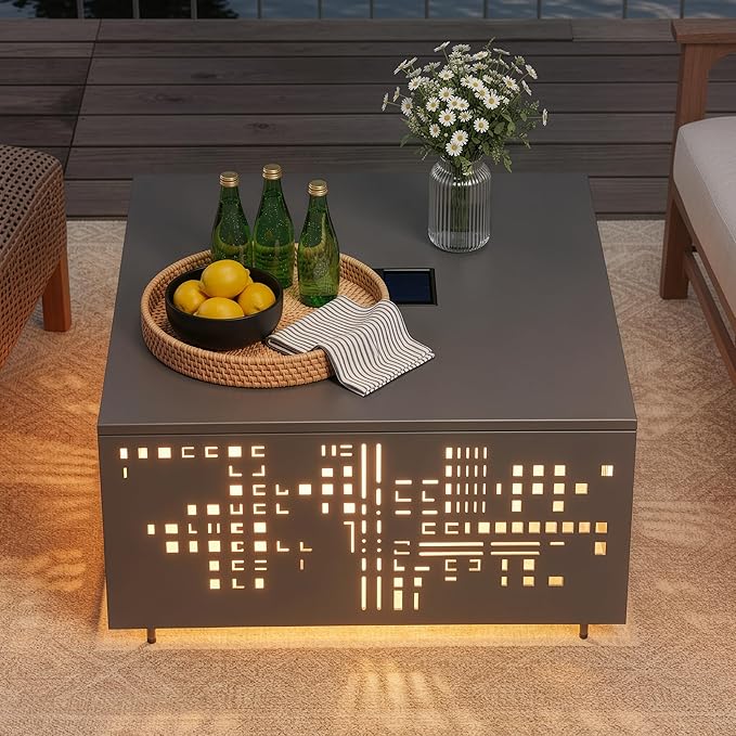 CAODOC 27" Square Outdoor Coffee Table with Umbrella Hole & Solar Light, Rust-Proof Metal Patio Table, Small Minimalist Low Accent Table for Living Room, Balcony, Deck, Backyard, Gray